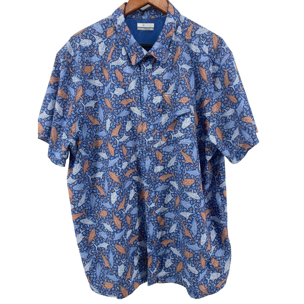 Columbia PFG Fishing Shirt Mens XL Blue Marlin Deep Sea Vented Performance